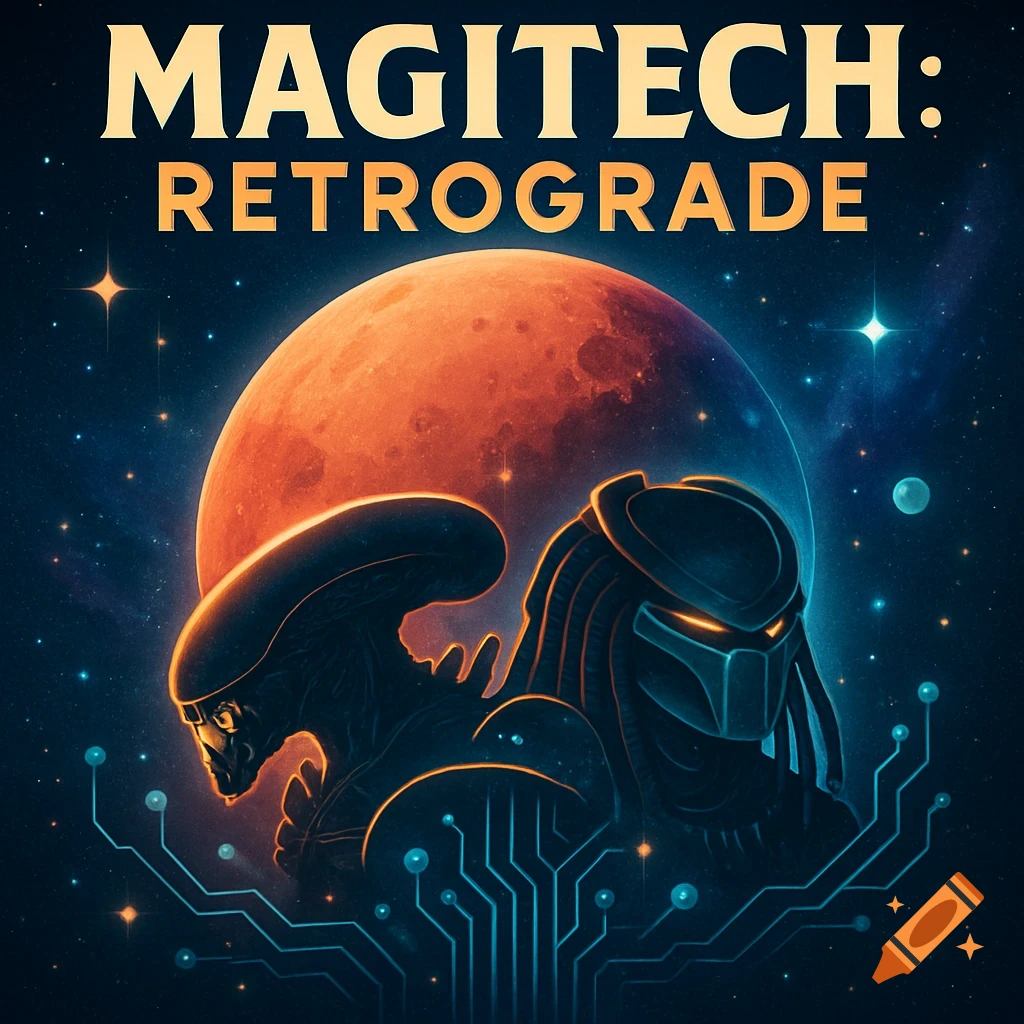 Sci-fi illustration of an Alien and Predator in space with a red planet, over circuits, and text "MAGITECH: RETROGRADE".