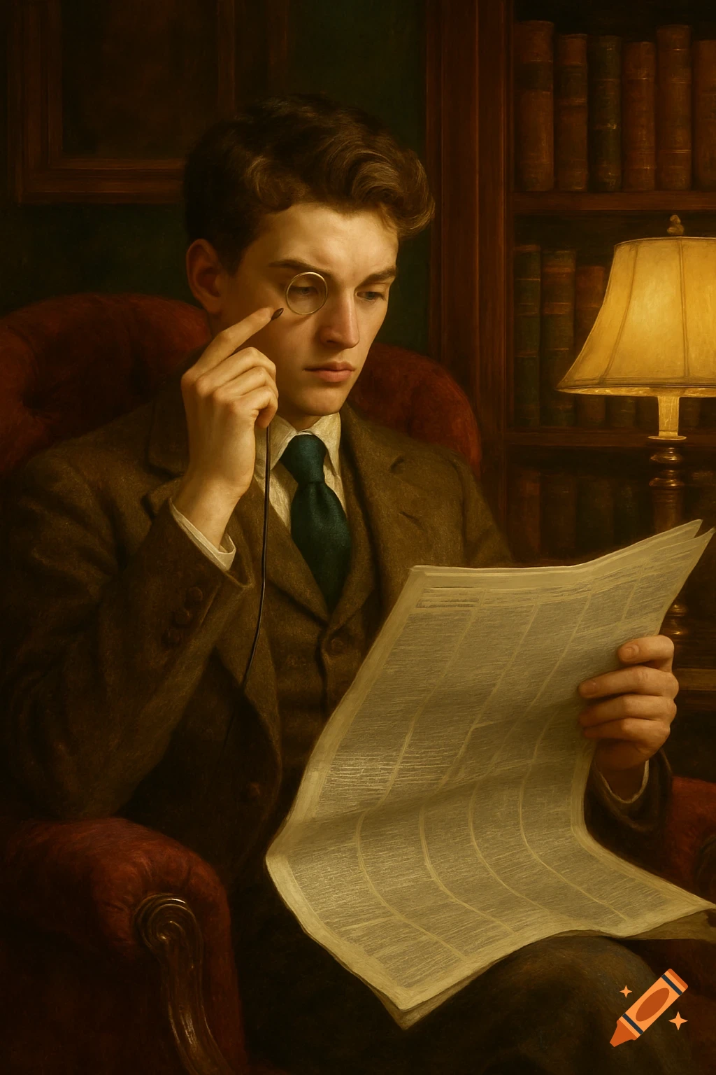 A young man in a brown suit and green tie sits in a red armchair, reading a newspaper with a golden monocle in his eye. Bookshelves and a lamp are in the background.