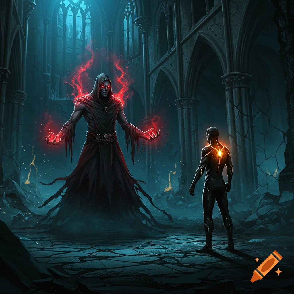 A robed, glowing red-eyed creature faces a person with a glowing back in a ruined gothic cathedral, dark fantasy illustration.