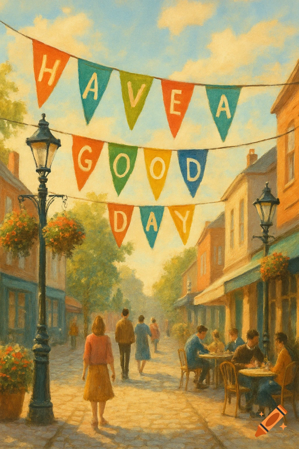 An oil painting of a lively village street with people, outdoor cafes, and colorful bunting spelling 'HAVE A GOOD DAY' overhead.