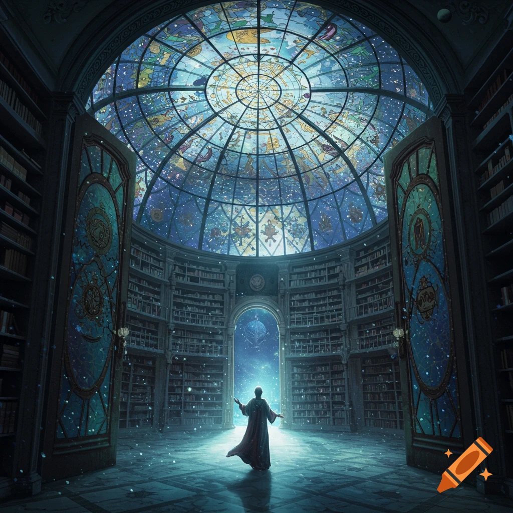 A person stands in a vast, ornate library with a celestial stained-glass dome, bathed in magical light.