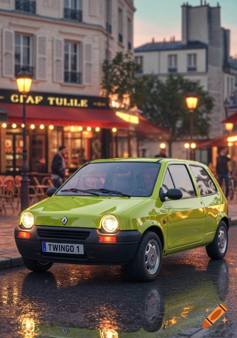 A bright green Renault Twingo car parked on a wet city street in front of a cafe at dusk.