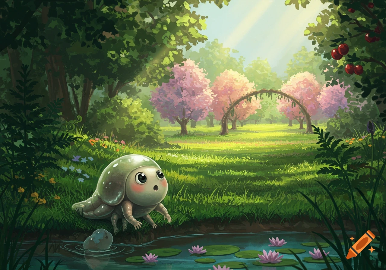 A cute bug-like creature emerges from a pond with lily pads into a sunny, lush forest with a pink-blossomed orchard in the distance.