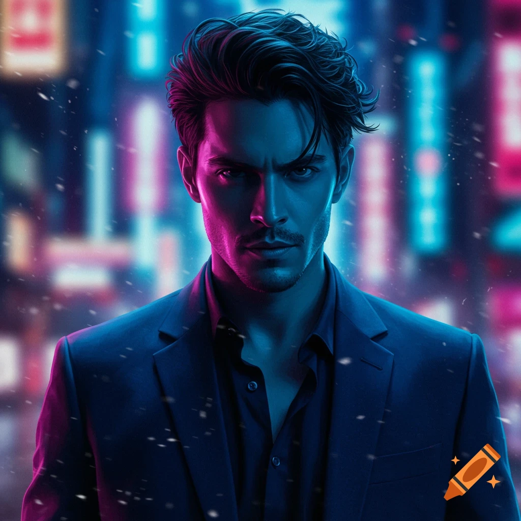Handsome man in a dark suit with an intense gaze, lit by neon pink and blue against a blurry cityscape, photorealistic style.