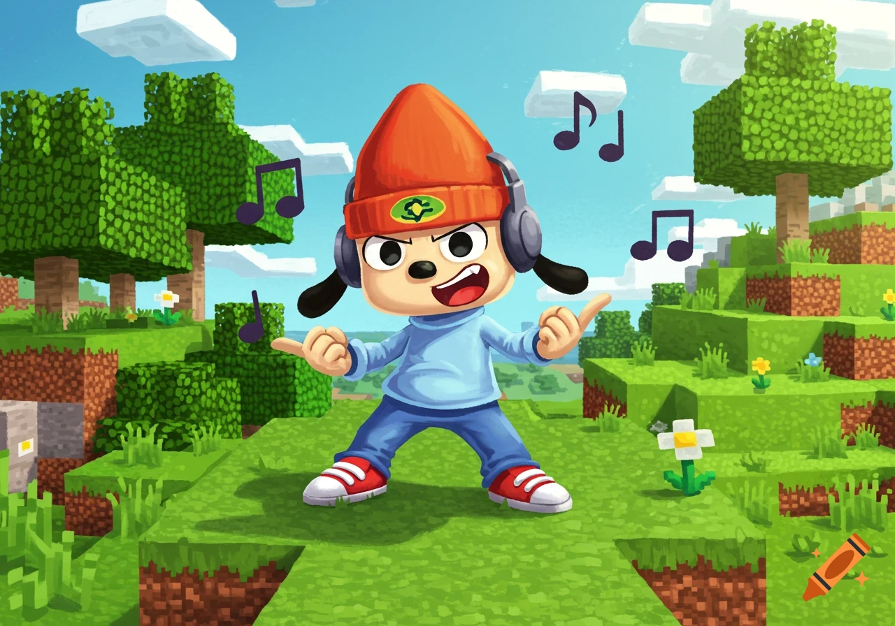 Parappa the Rapper with headphones poses in a blocky Minecraft-like landscape with trees, grass, and floating music notes.