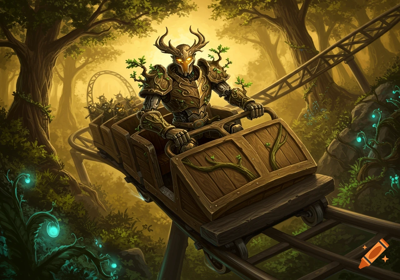 A warforged druid in wooden armor rides a wooden rollercoaster through a lush, glowing fantasy forest.