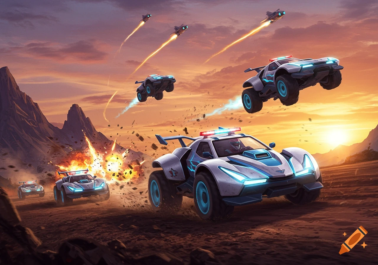 Futuristic white and blue cars race and explode in a desert landscape at sunset, with rockets flying in the sky.