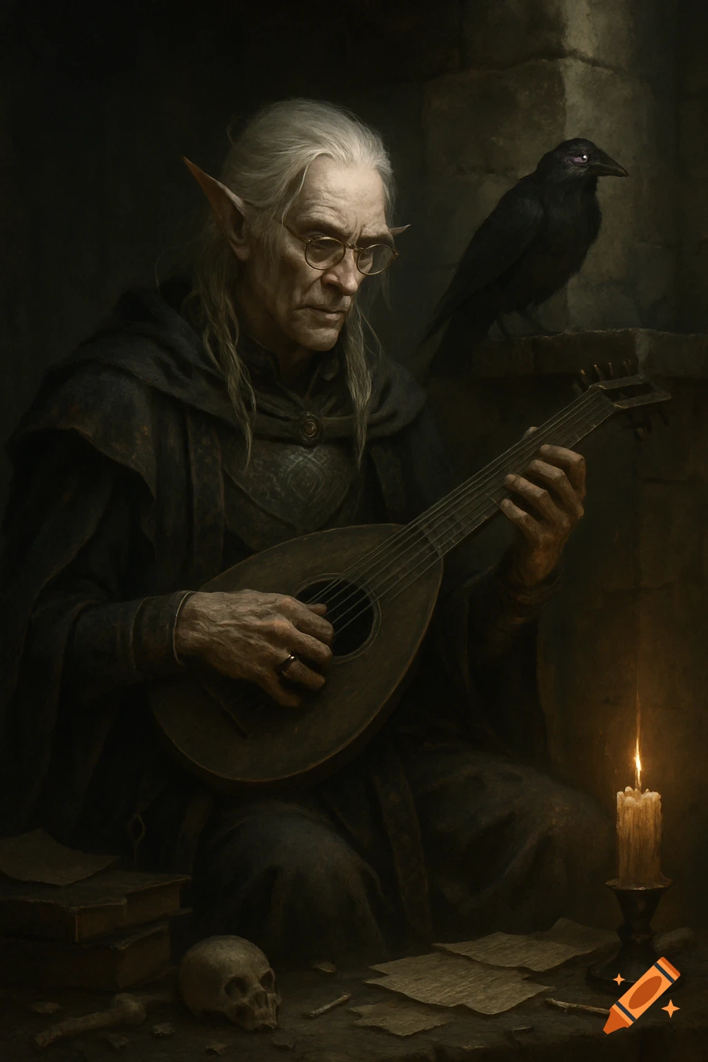 An old, gaunt elf with long white hair and glasses plays a lute in a dark, candlelit stone chamber, with a raven perched behind him. A skull and papers are on the ground.