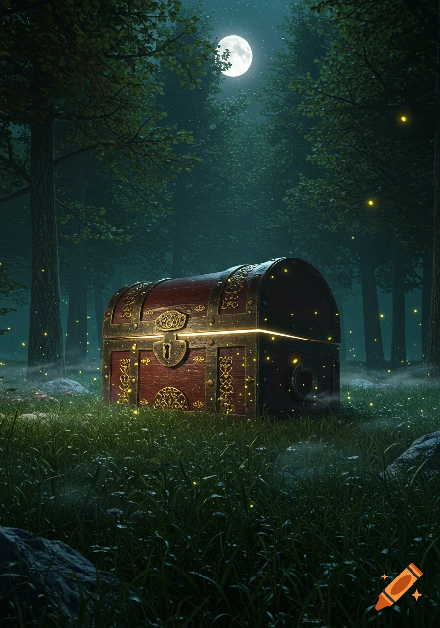 A glowing, ornate treasure chest sits in a dark, moonlit forest, surrounded by fireflies.