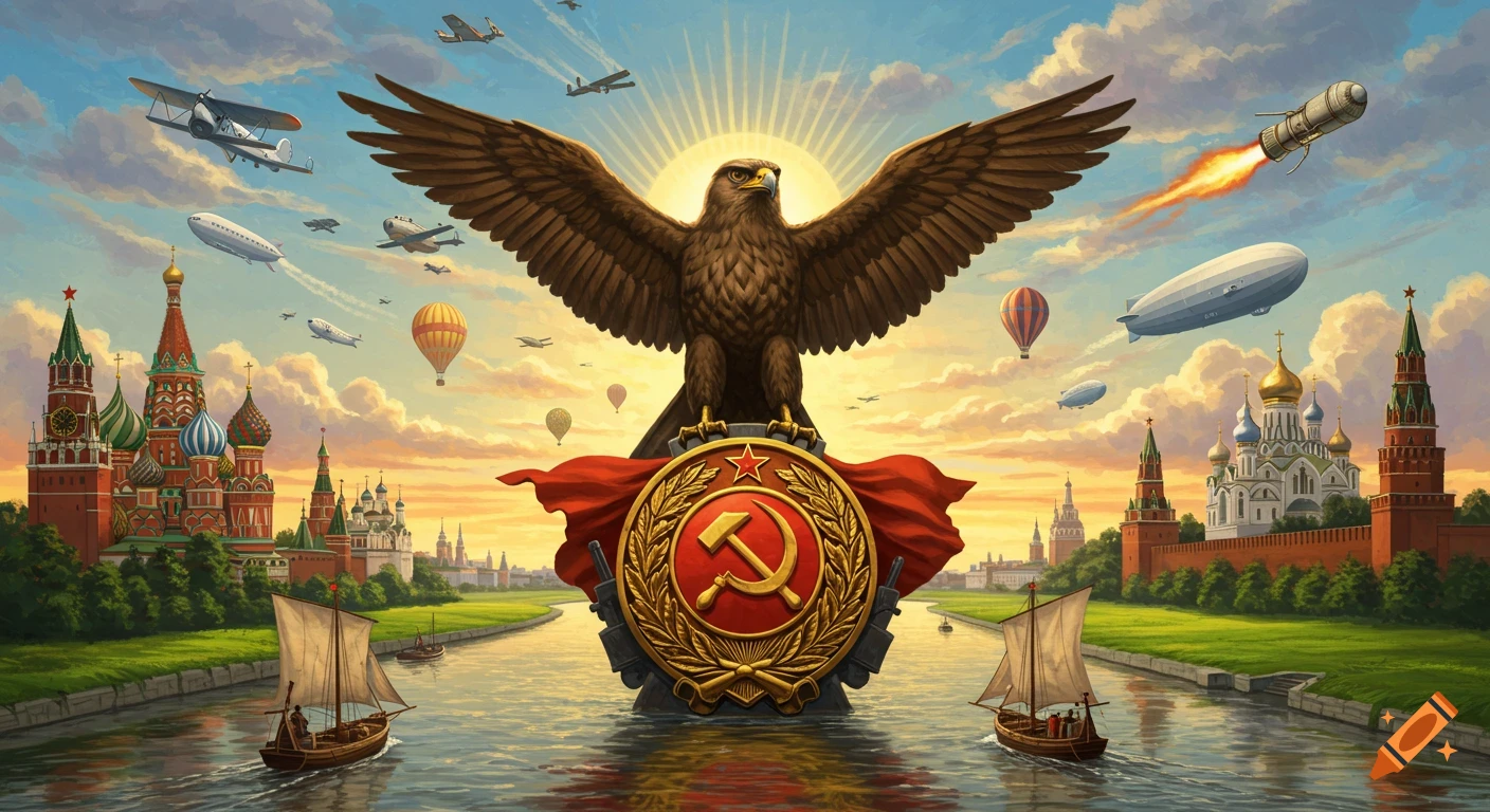 Propaganda illustration of a hawk on a Soviet emblem over a river, with Moscow-like architecture and various air vehicles.