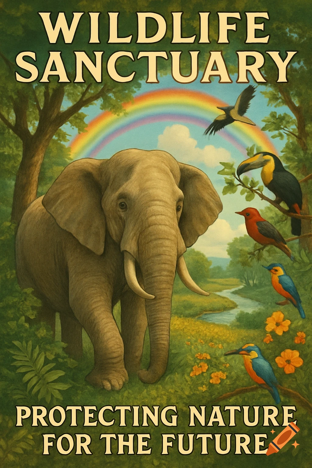 A vibrant illustration of an elephant in a lush wildlife sanctuary, surrounded by colorful birds, a river, and a rainbow. Text promotes conservation.