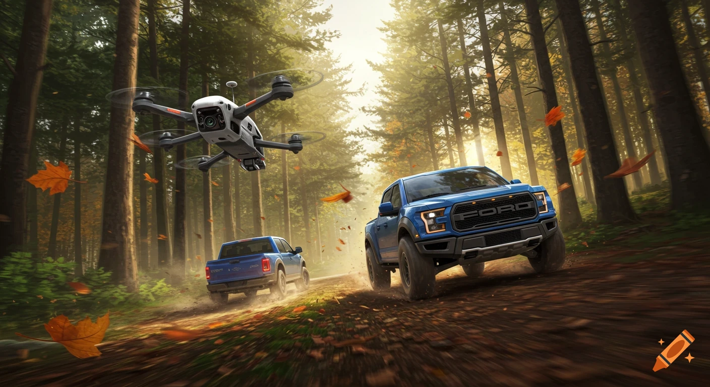 A drone flies over two blue Ford Raptor pickup trucks driving on a dirt road through an autumn forest with falling leaves.