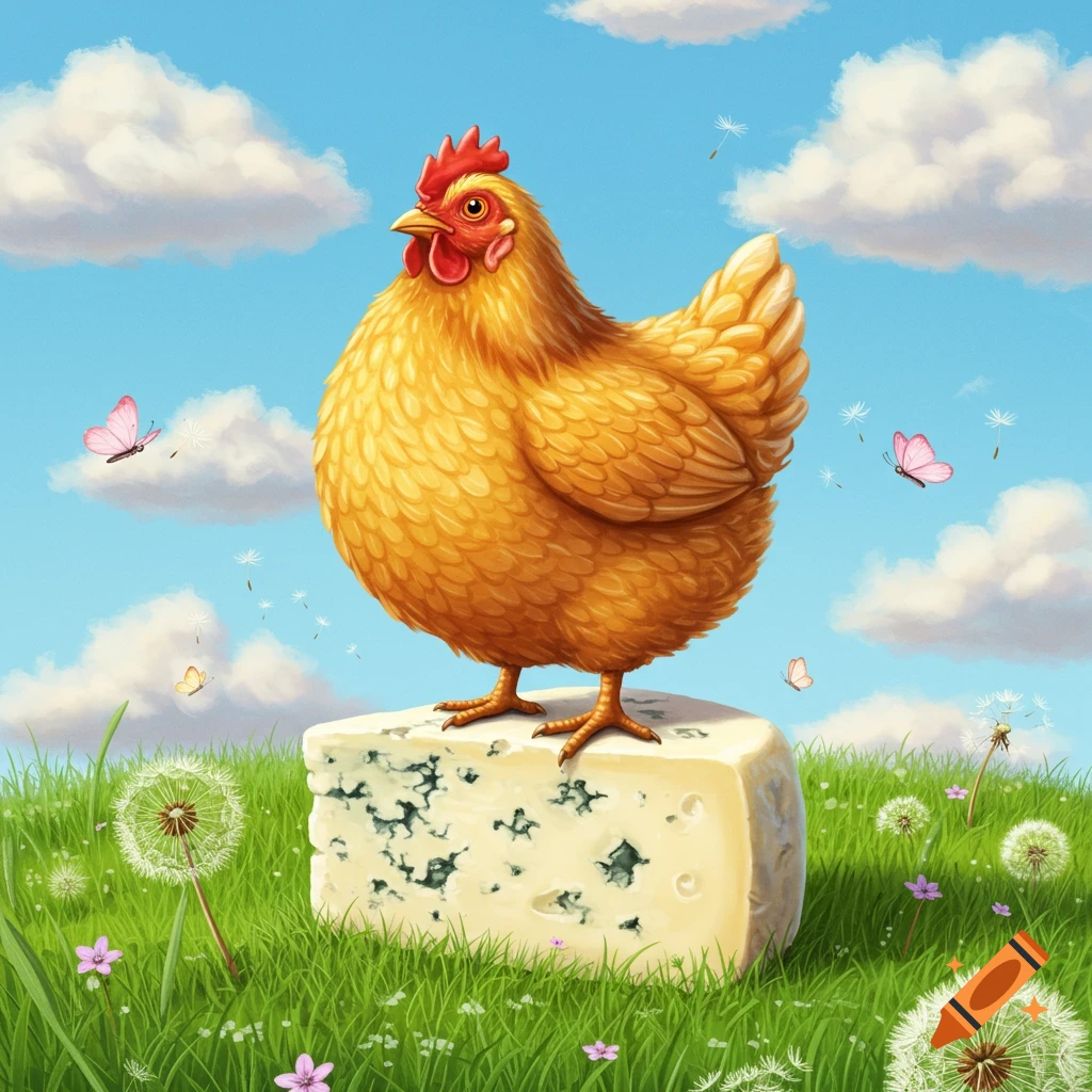 A whimsical illustration of a plump golden chicken standing on a block of blue cheese in a sunny meadow with dandelions and butterflies.