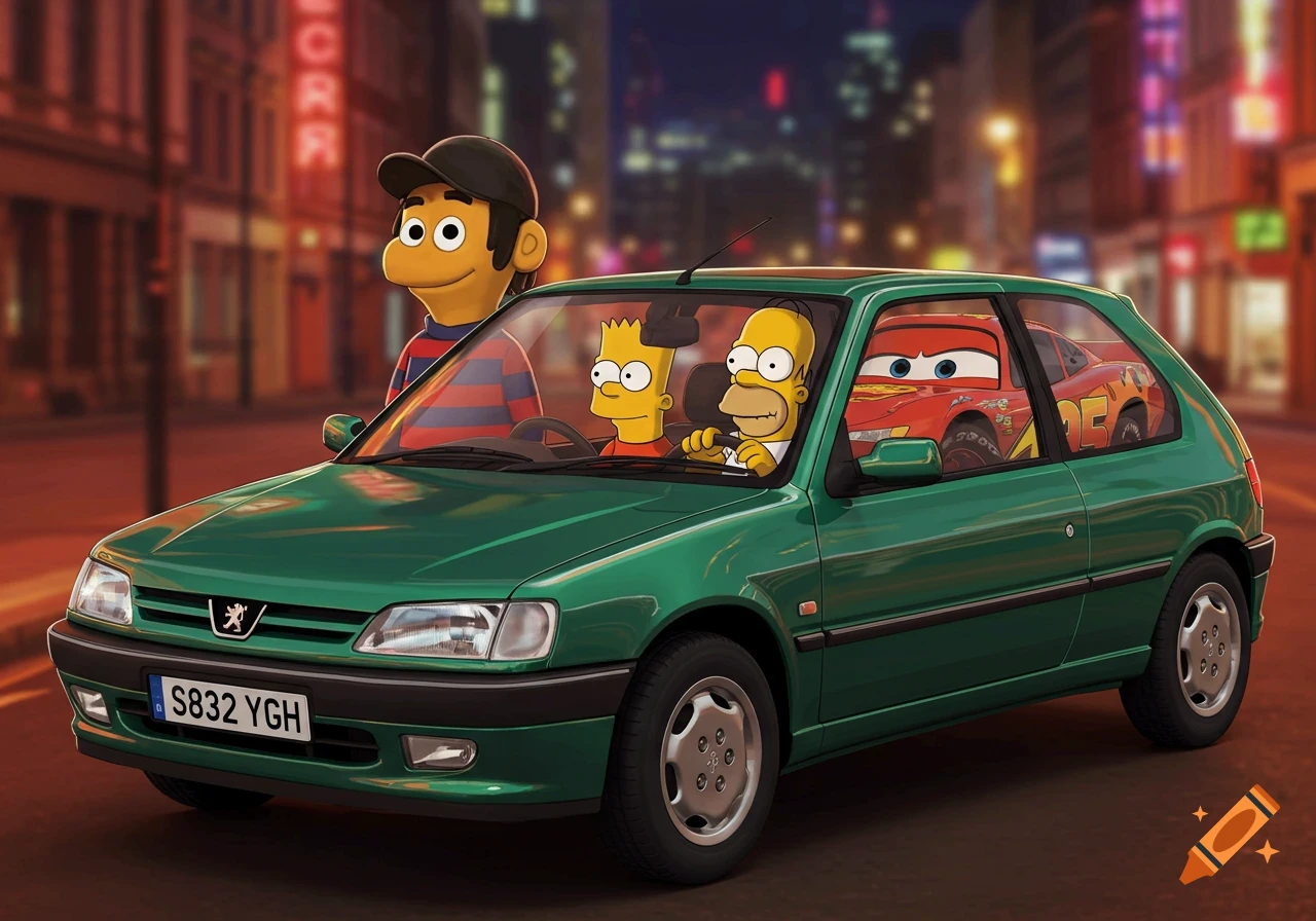 Dennis, Bart, Homer Simpson, and Lightning McQueen in a green Peugeot car on a city street, cartoon style.