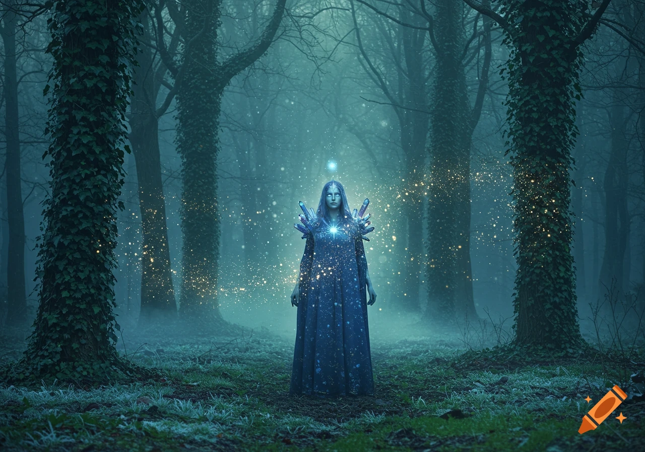 A mystical woman in a glowing blue dress stands in a foggy forest, surrounded by sparkling magic.
