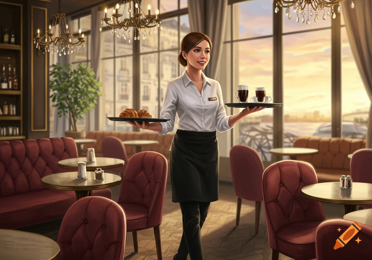 A smiling waitress in a cafe carries trays of croissants and coffee cups against a window background.
