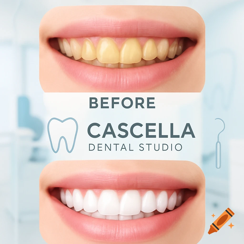 Before and after comparison of teeth, showing yellow teeth above and bright white teeth below, with a dental studio logo.