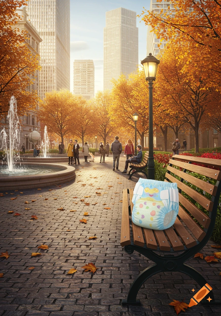 A patterned diaper sits on a wooden bench in a photorealistic autumn city park with fall foliage, a fountain, and tall buildings.
