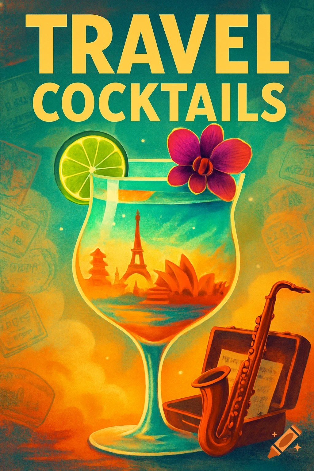 Stylized poster for Travel Cocktails featuring a cocktail glass with landmarks, a lime, orchid, and a saxophone. Text reads "TRAVEL COCKTAILS".