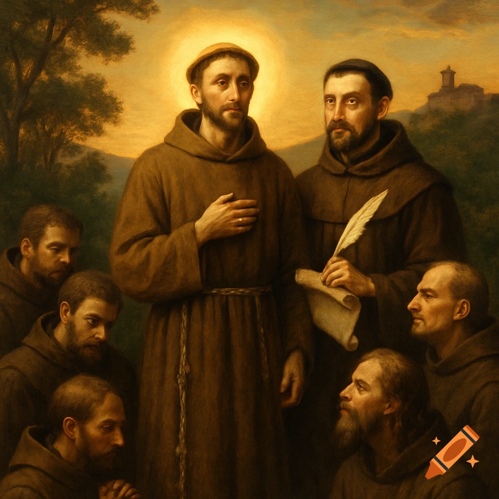 A classical painting of Saint Francis of Assisi with a halo, standing among friars in a sunset landscape.