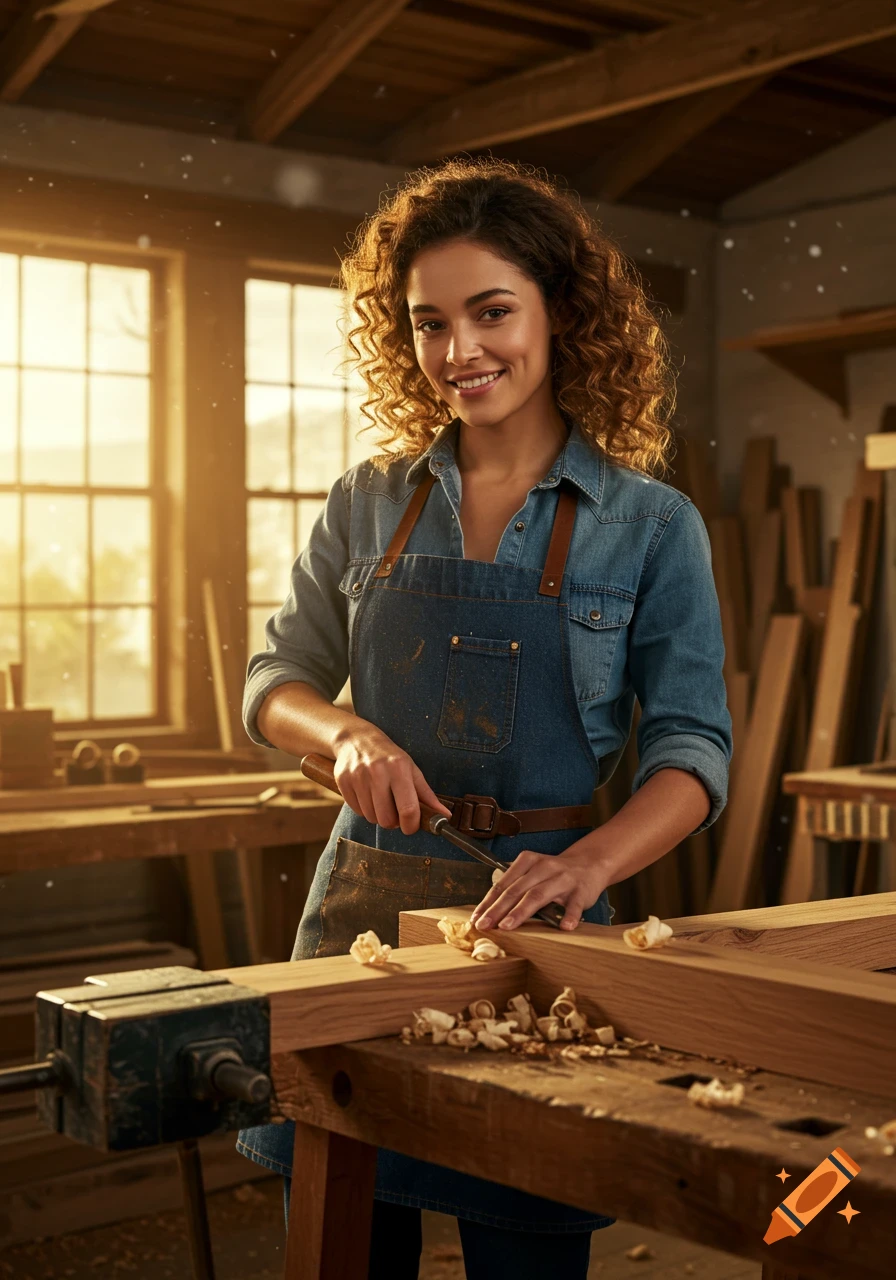 A smiling woman in a denim shirt and apron planes wood with a chisel in a sunlit woodworking workshop. Photorealistic style.