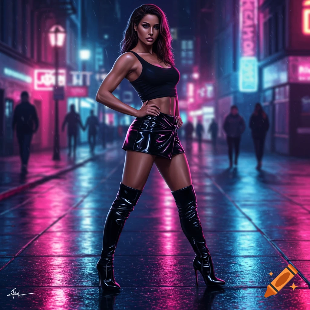 A woman in a black tank top, short leather skirt, and high boots stands on a wet street at night with neon signs reflecting in the puddles.