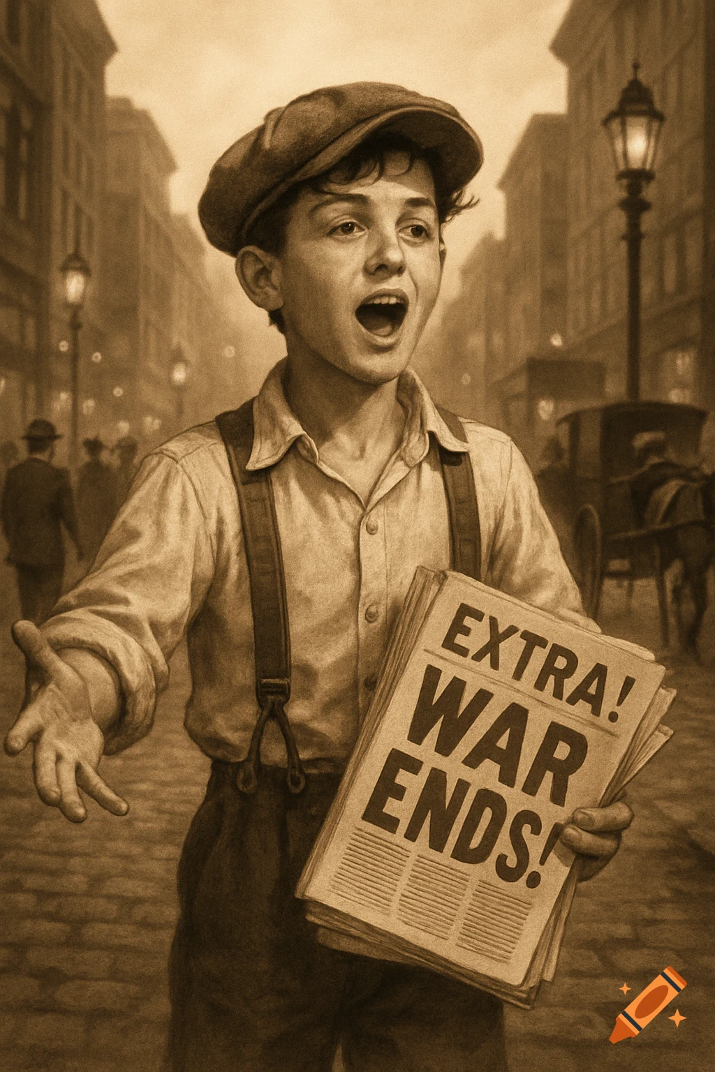 Sepia-toned illustration of a 1920s newsboy yelling "EXTRA! WAR ENDS!" while holding newspapers in a city street.