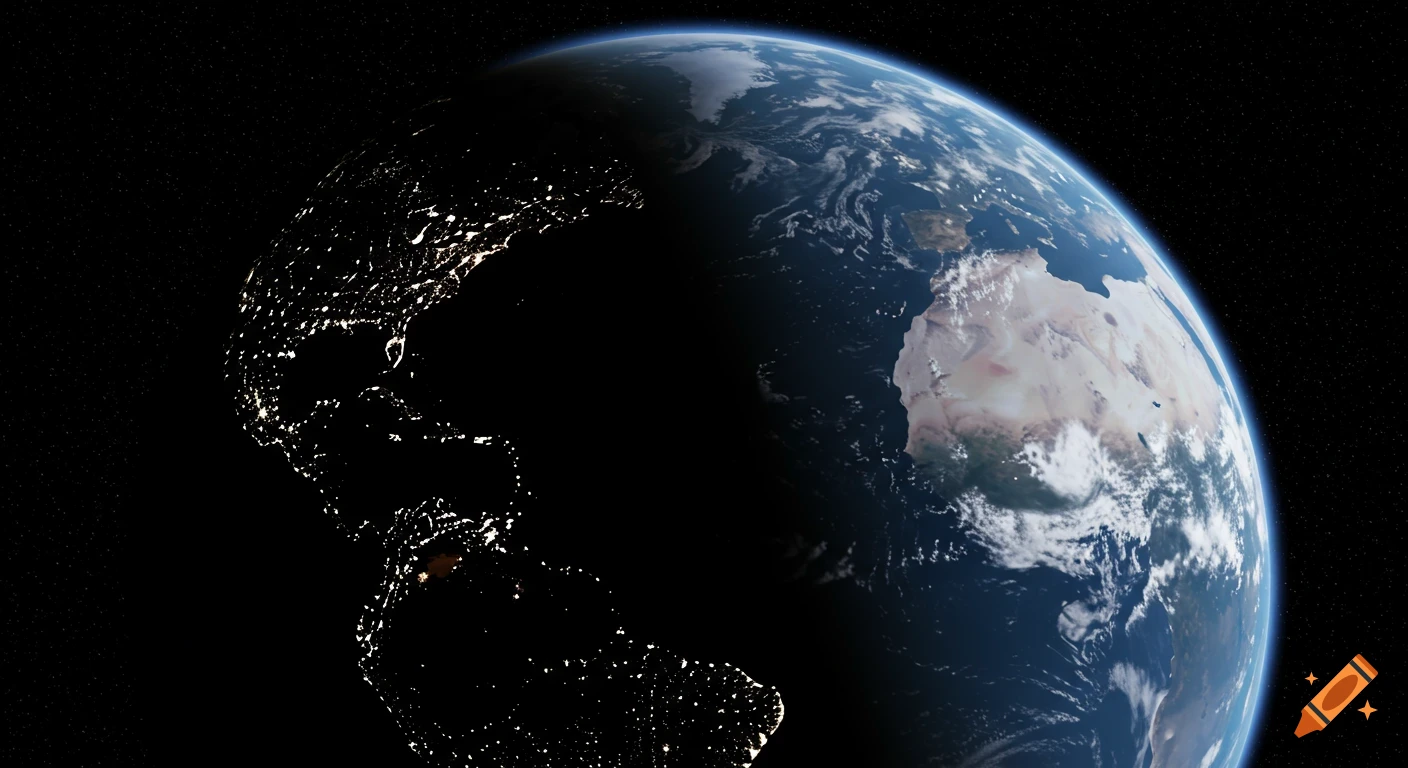 A realistic view of Earth from space, half illuminated by day and half by city lights at night, with Africa visible.