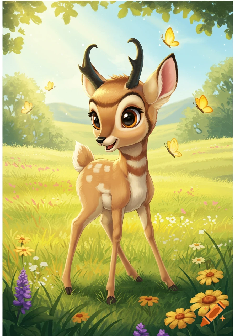 A cute, stylized fawn with large eyes and small antlers stands in a vibrant green meadow filled with colorful flowers and yellow butterflies.