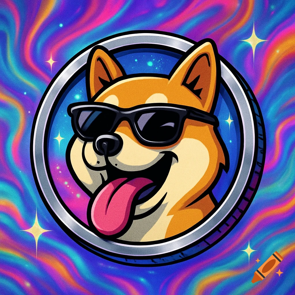 A cartoon Shiba Inu dog wearing sunglasses and sticking its tongue out, set within a circular frame against a vibrant, psychedelic background.