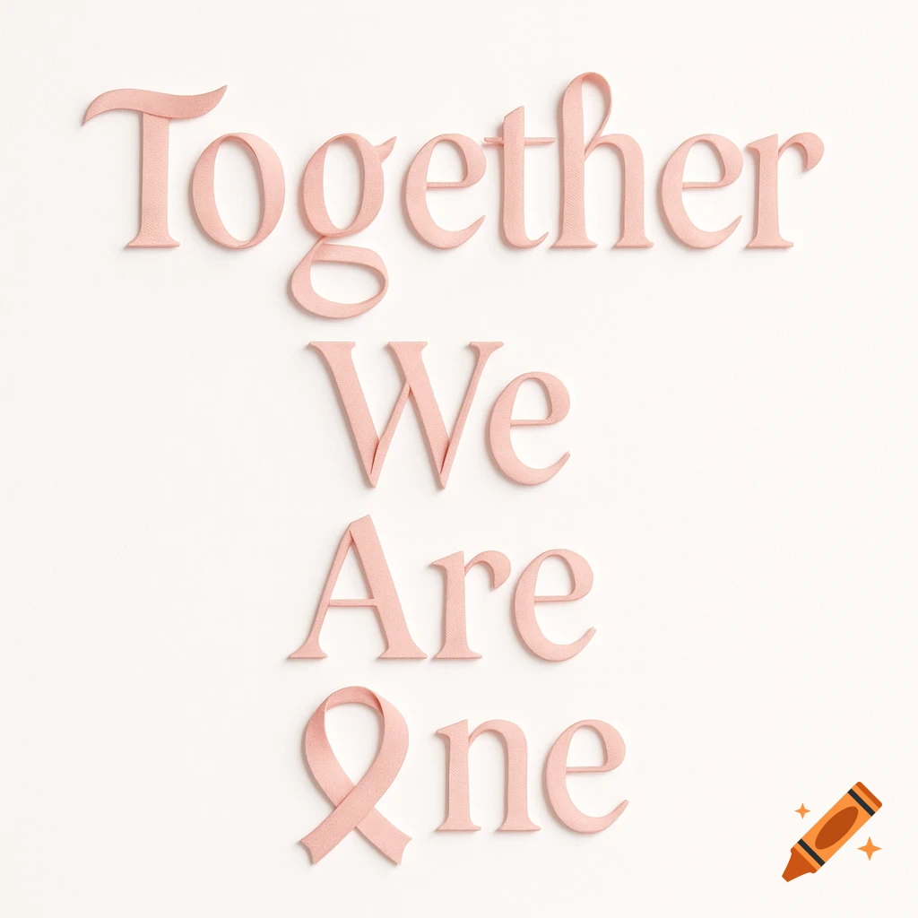 Soft pink 3D letters spelling "Together We Are One" on a white background, with a pink ribbon replacing the 'o' in 'one'.