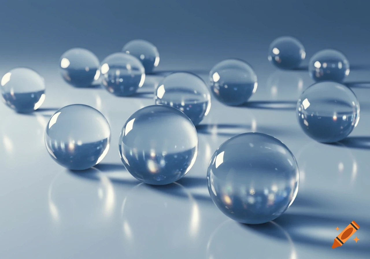 Numerous clear, glossy spheres scattered on a reflective light blue surface, with soft lighting and reflections.