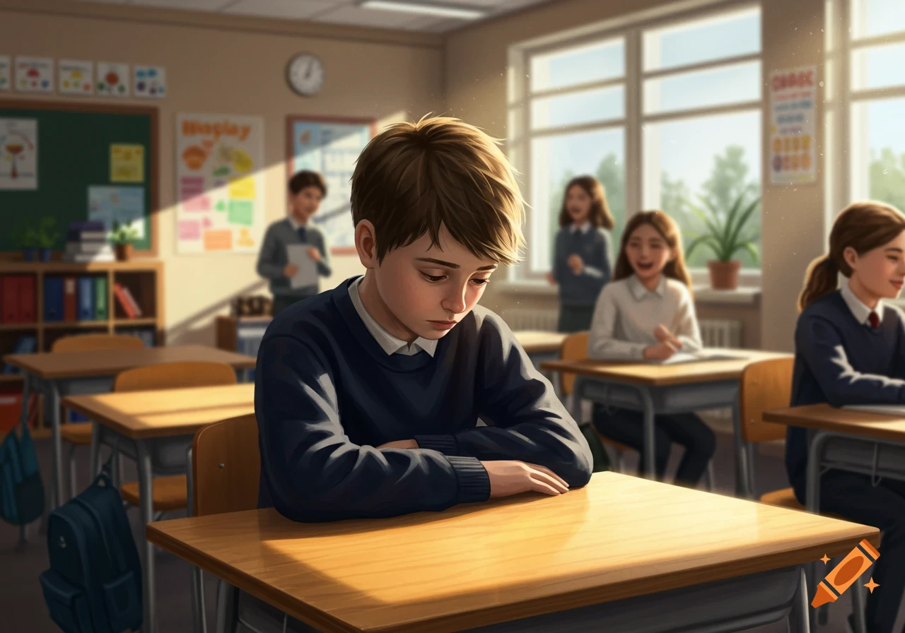 A sad young boy sits at his desk in a sunlit classroom, with other students in the background.