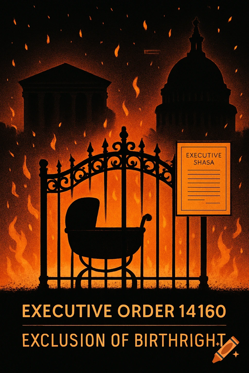 A stylized, dark illustration of the Supreme Court and Capitol buildings in a fiery, orange glow. A baby carriage is behind a black iron gate, with text 'EXECUTIVE ORDER 14160 EXCLUSION OF BIRTHRIGHT' at the bottom.