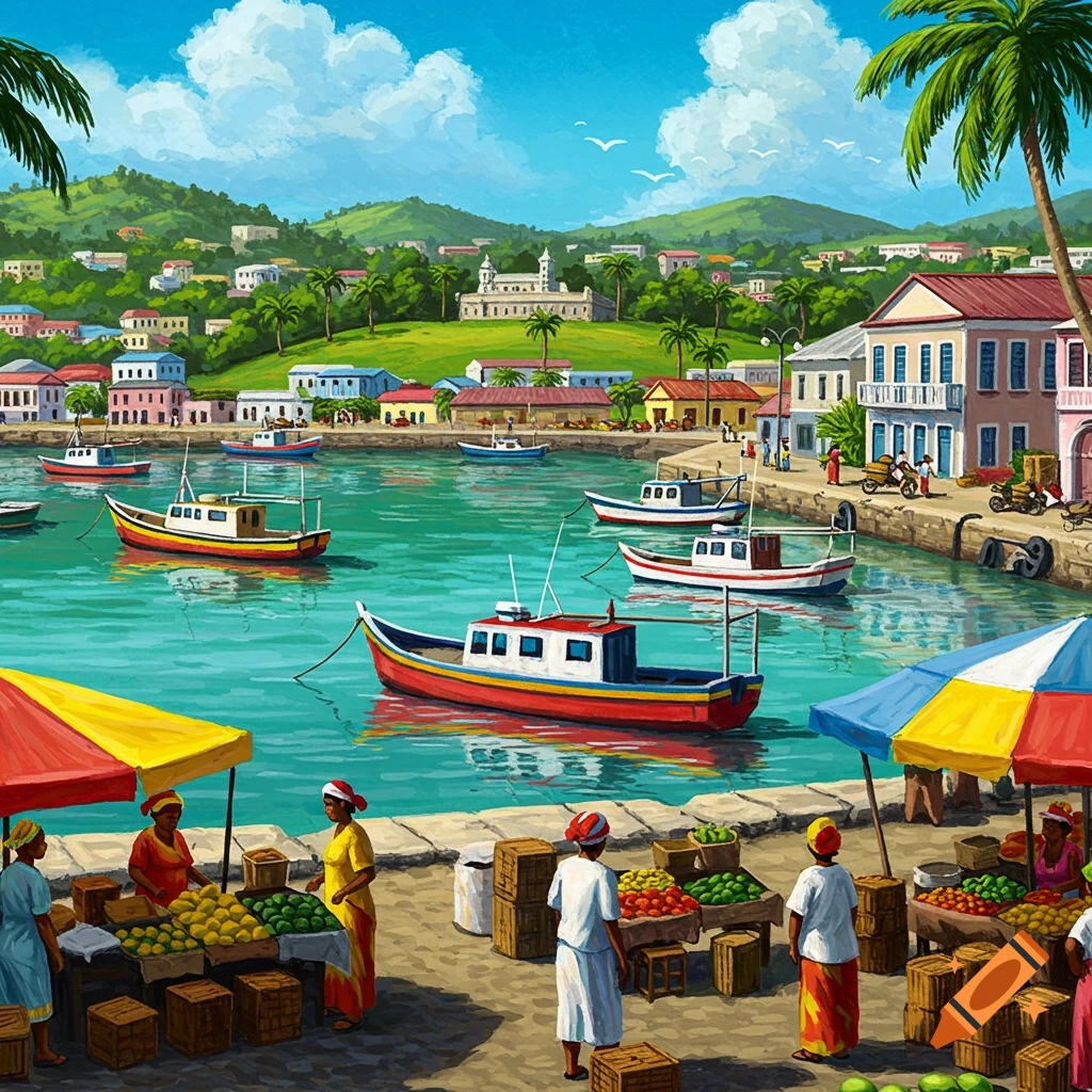Vibrant painting of a Caribbean port town with colorful boats, buildings on hills, and people at market stalls.