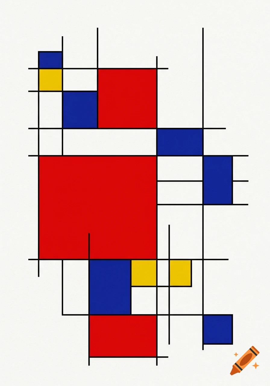 Abstract composition with red, blue, and yellow rectangles separated by black lines on a white background, in the style of Mondrian.
