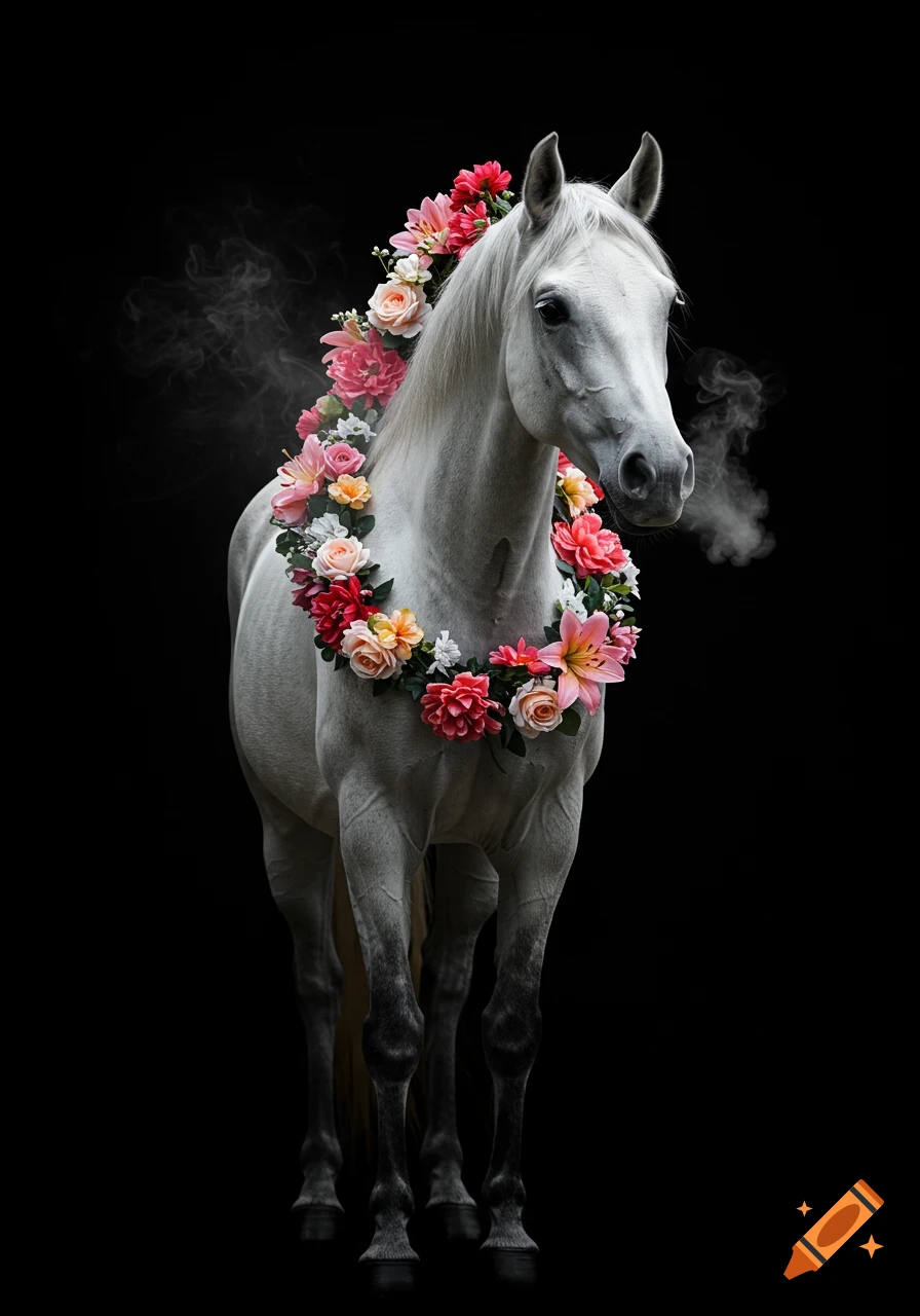 A majestic white horse adorned with a vibrant garland of pink, red, and orange flowers stands against a black background.