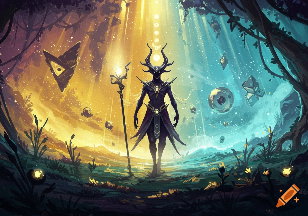 Dark horned figure with a glowing staff in a vibrant, surreal fantasy landscape split between golden and blue hues, with floating objects.