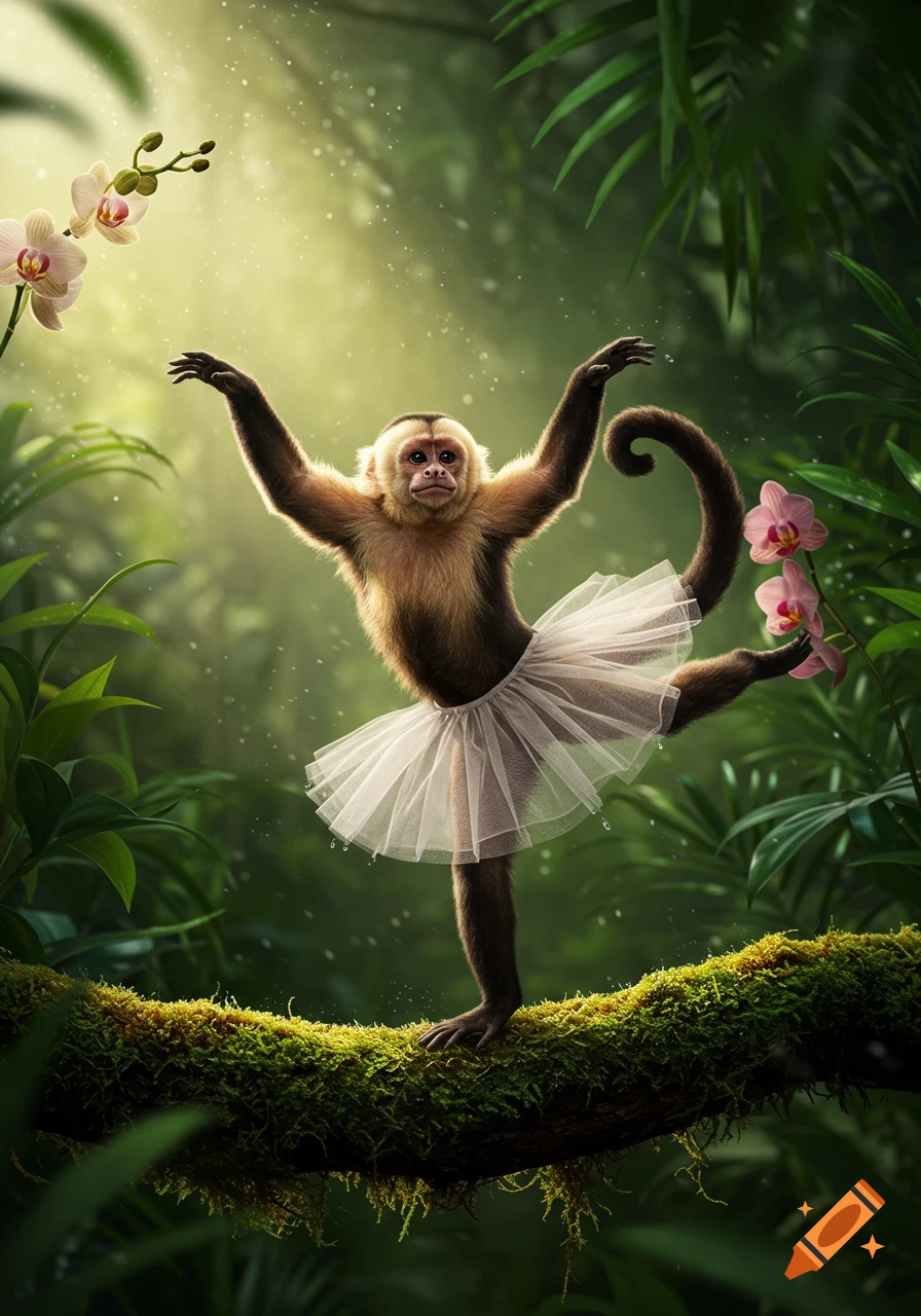Photorealistic capuchin monkey in a white ballet tutu, balancing on a mossy jungle branch amidst orchids and lush green foliage.