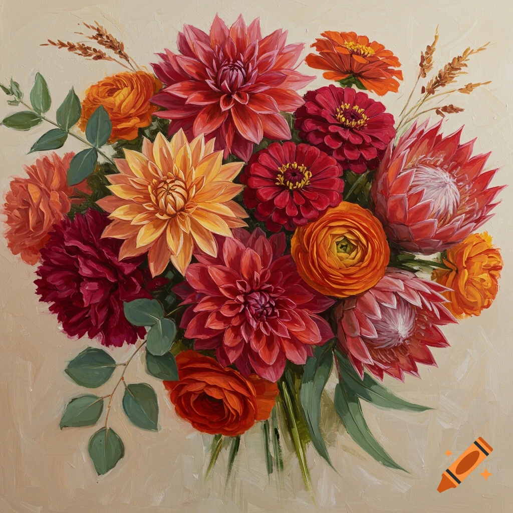 A vibrant expressionistic painting of an abstract floral bouquet featuring dahlias, ranunculus, zinnias, and proteas in warm red, orange, and yellow hues.