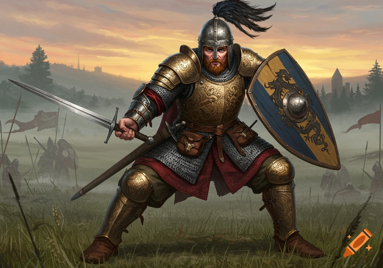 A detailed illustration of a heavily armored warrior holding a sword and shield, posed for combat on a battlefield at sunset.