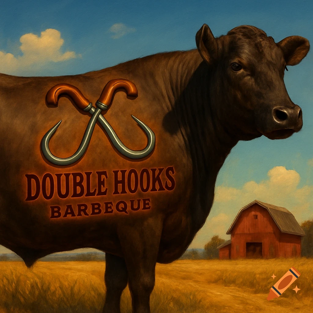 A brown cow branded with a 'Double Hooks Barbeque' logo, standing in a golden field with a red barn under a blue sky, in a painted style.