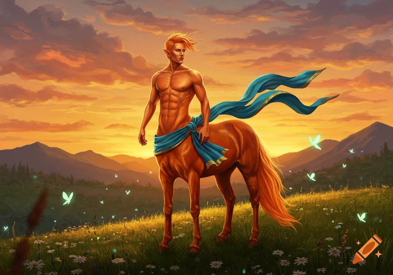 Muscular orange centaur with a blue sash stands in a sunset field among glowing butterflies and mountains.