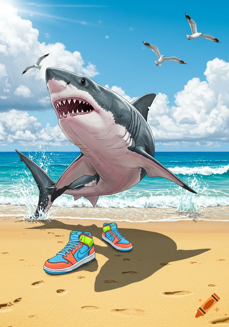 A large cartoon shark leaps from the ocean onto a sunny beach, with colorful sneakers on the sand and seagulls in the sky, illustration style.