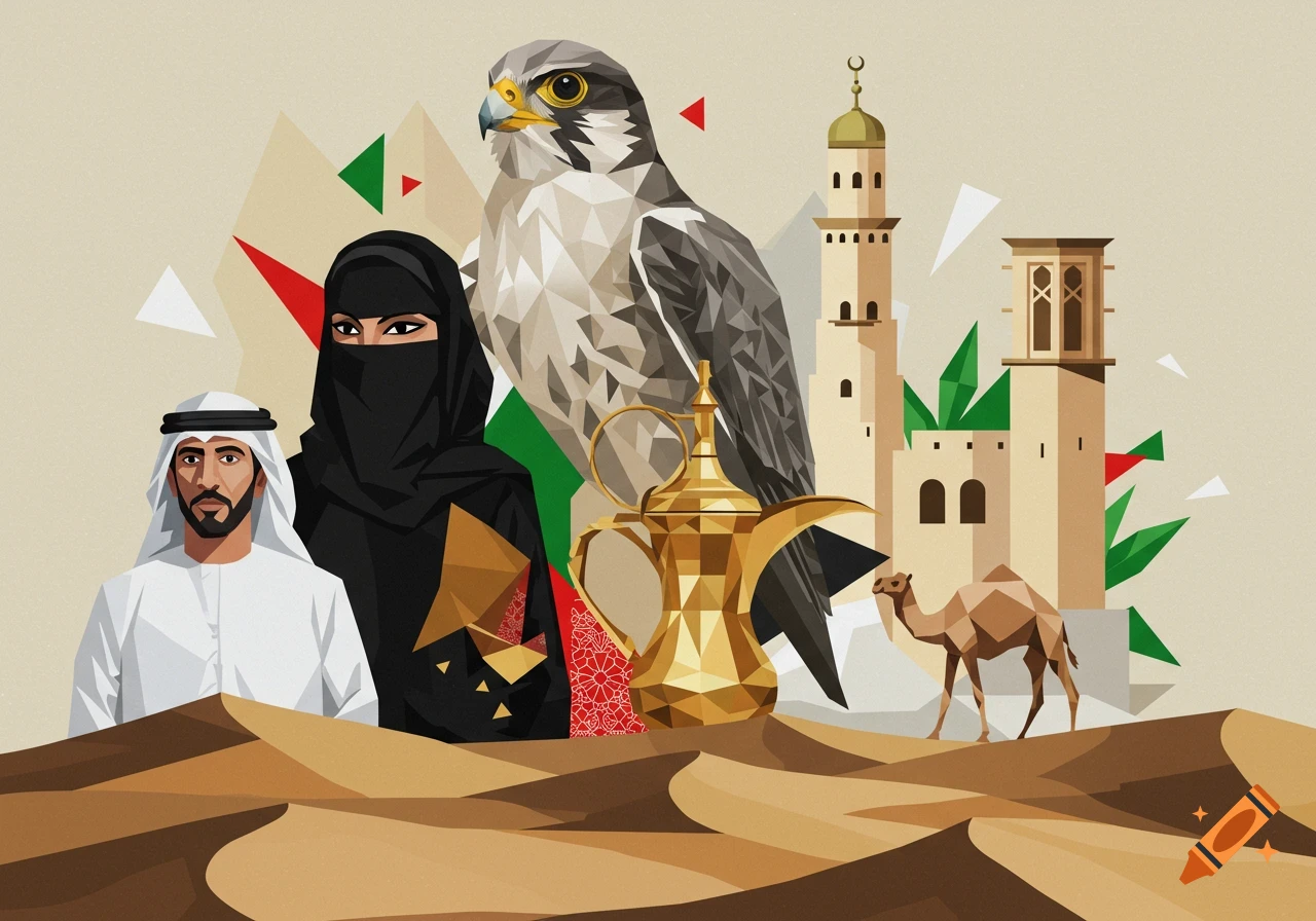 Geometric illustration of an Emirati man and woman, falcon, golden Dallah, mosque, and camel on desert dunes.