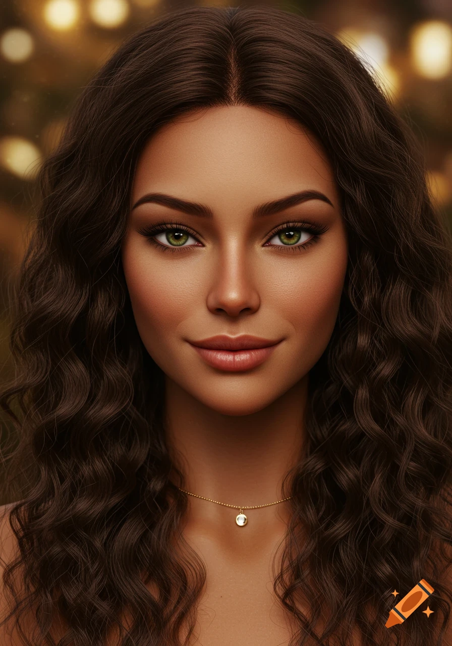 Photorealistic portrait of a woman with long wavy brown hair, green eyes, dark skin, and a subtle smile, wearing a delicate necklace, with a blurred luminous background.