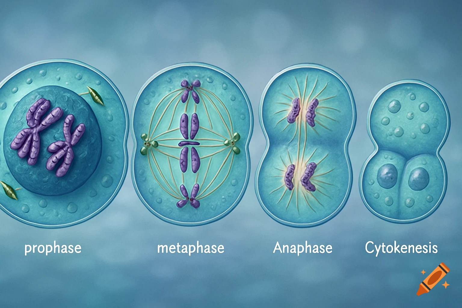 An illustration showing four stages of cell mitosis: prophase, metaphase, anaphase, and cytokinesis, with chromosomes and spindle fibers.