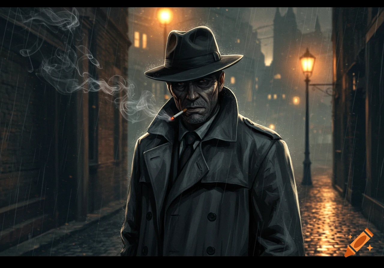 A stylized noir detective in a trench coat and fedora smokes a cigarette in a dark, rainy city alley.