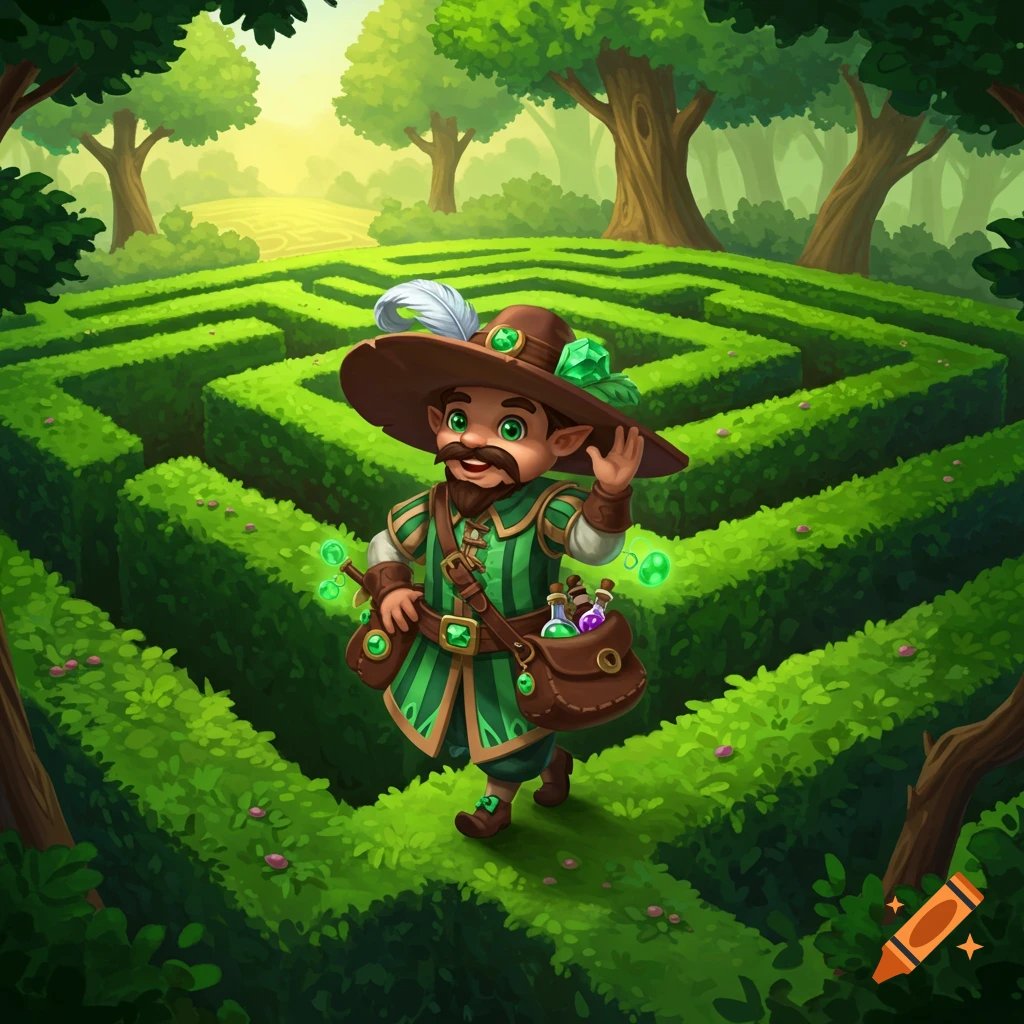 A cartoon fantasy merchant gnome in green attire and a wide-brimmed hat waves while walking through a lush green hedge maze.