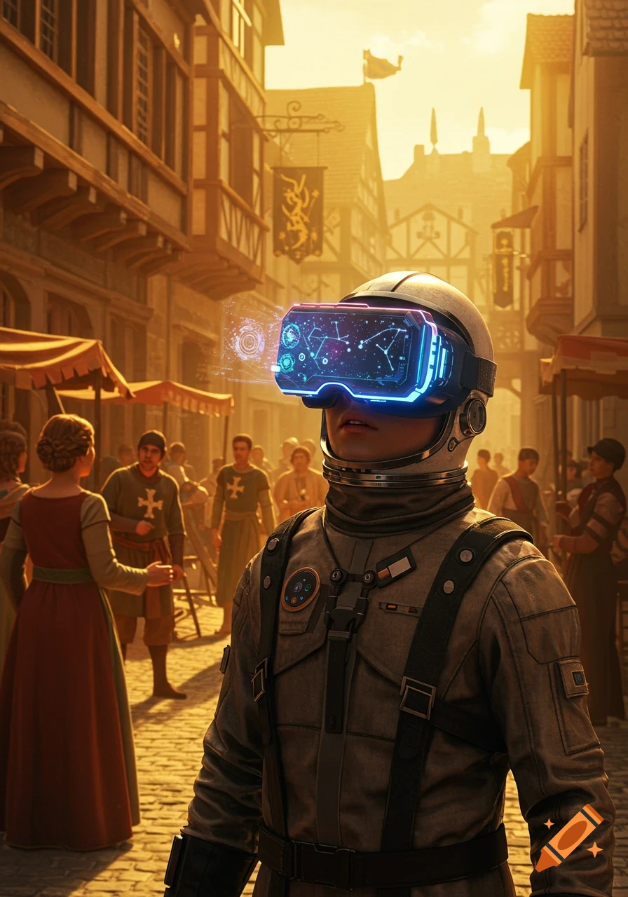 An astronaut wearing glowing VR goggles stands in a bustling medieval town street at sunset.